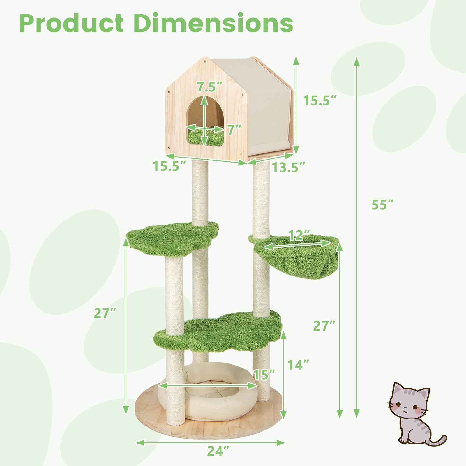 Amijoy Wooden Cat Tree, 55" Tall Cat Climbing Stand w/ Sisal Scratching Posts, Pine Wood Top Condo, Soft Cat Bed, Hammock