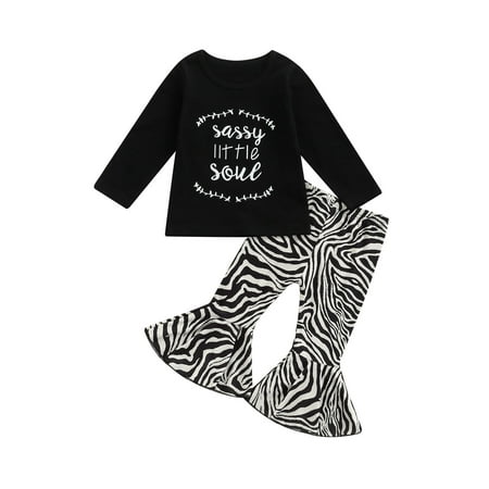 

Bebiullo Toddler 2Pcs Girls Long Sleeve Fall Clothes Set Letter Printed Top+ Zebra Trumpet Bell Pants Black 4-5 Years