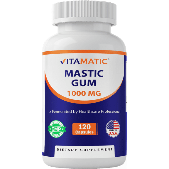 Vitamatic Mastic Gum 1000mg per Serving 120 Capsules - Promotes Digestive, Oral & liver health