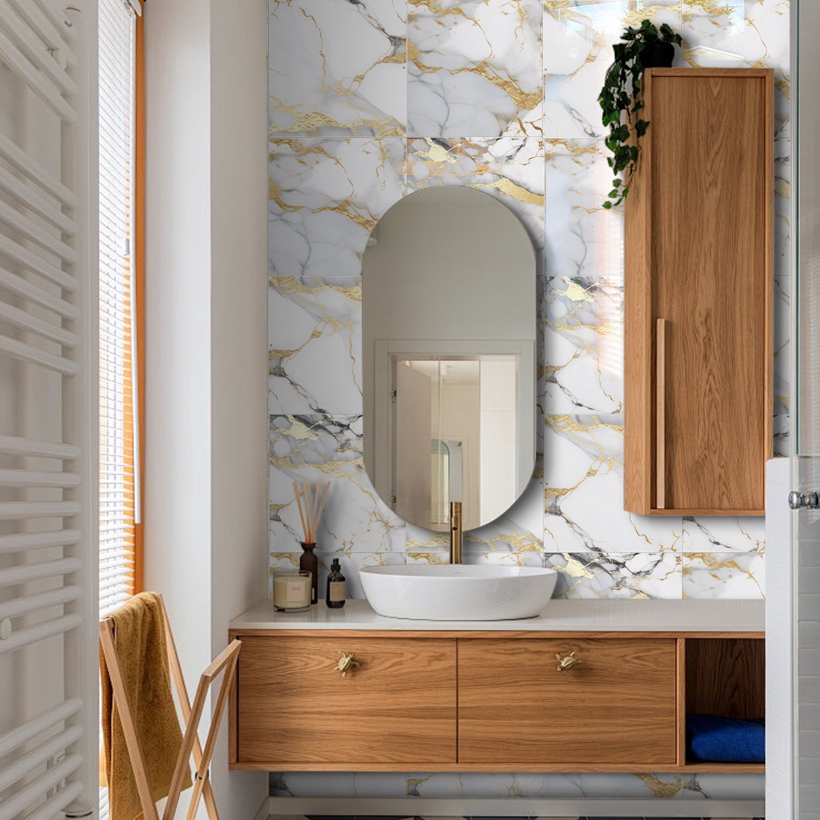 DEWOO 10pcs Peel and Stick Backsplash Wall Tile, Waterproof Peel and Stick Marble Wall Tiles, Self-Adhesive Panels for Bathroom, Kitchen, and Living Room (Gold Marble,12"×12")