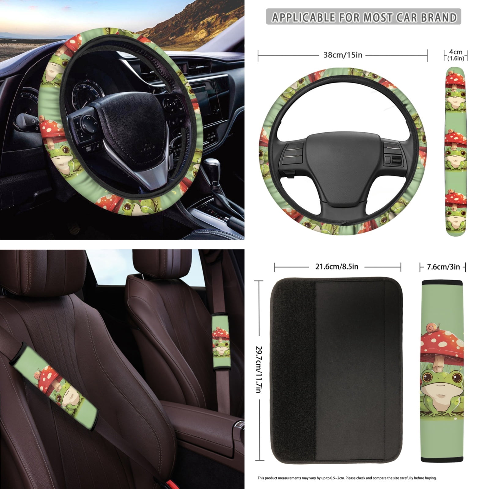 Yuyamidu Cute Frog Auto Seat Cover Set of 16 Mushroom Car Sun Visor Steering Wheel Accessories Seaside Seatbelt Strap Pad Cup Holders Rearview Mirror Cover Keychain Handbrake Gear Shift Knob Cover