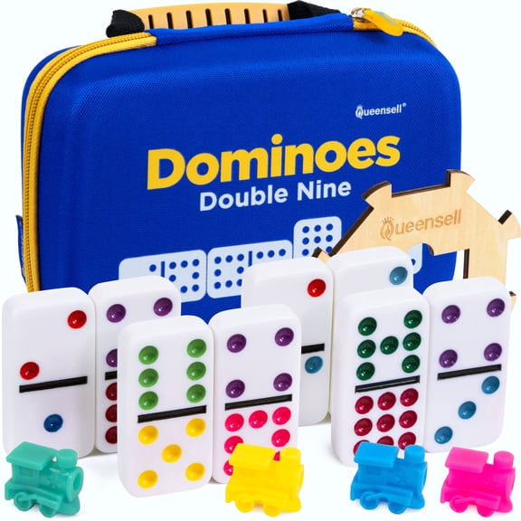 Double 9 Dominos Set for Adults and Kids with Colored Dots – Classic Dominoes Game Set with 55 Tiles, Wooden Hub, Trains and EVA Carrying Case