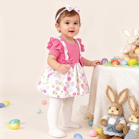 RTKFRFLM Baby Girls Easter Dress Ribbed Short Sleeve Suspender Tutu Gown Pink 3-6 Months