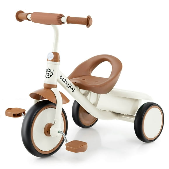 Babyjoy Kids Tricycle Toddler Trike with Adjustable Seat & Storage Basket 3 Wheel Bike Beige