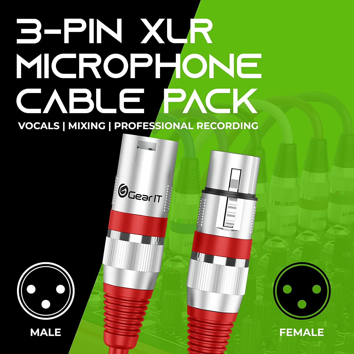 GearIT 3-Pin Male to Female XLR to XLR Microphone Cable, Multicolor 10 ft 6-Pack