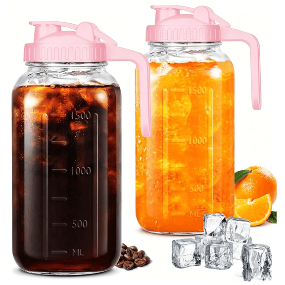 2-Piece Glass Beverage Pitcher with Pink Lid & Handle, Leakproof Water Carafe with Scale, Iced Tea & Juice Pitcher for Fridge, Kitchen(Pink)