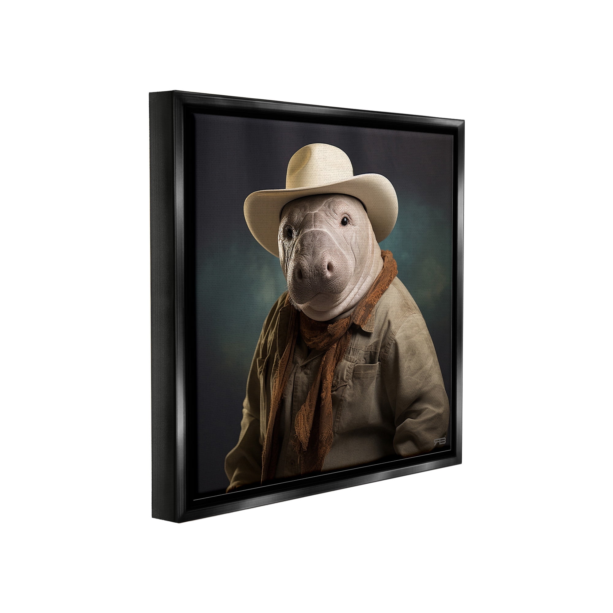 Stupell Industries Southern Cowboy Manatee Animals & Insects Painting Black Floater Framed Canvas Art Print Wall Art, 18 x 18