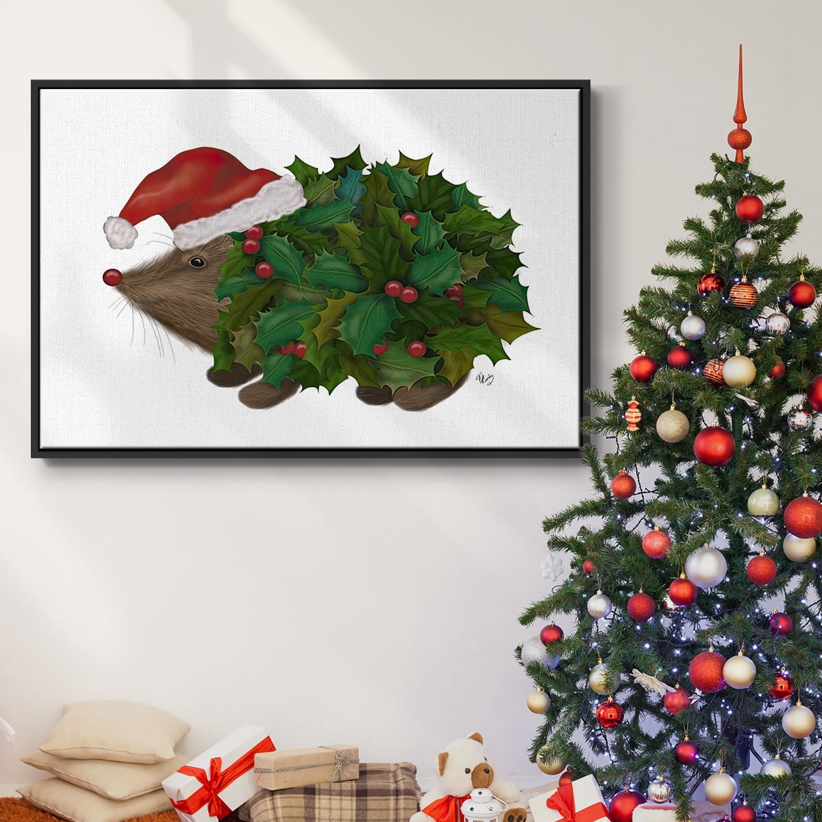 Christmas Holly Hedgehog - Framed Gallery Wrapped Holiday Canvas - 25 x 37 - Black Frame