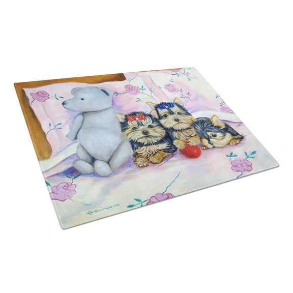 Yorkie Puppies three in a row Glass Cutting Board Large