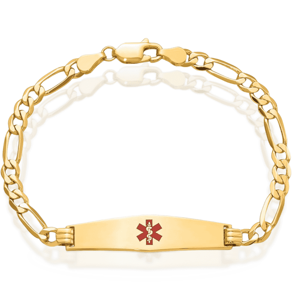 14K Solid Yellow Gold Medical Alert Figaro Link Name Bar Identification ID Bracelet