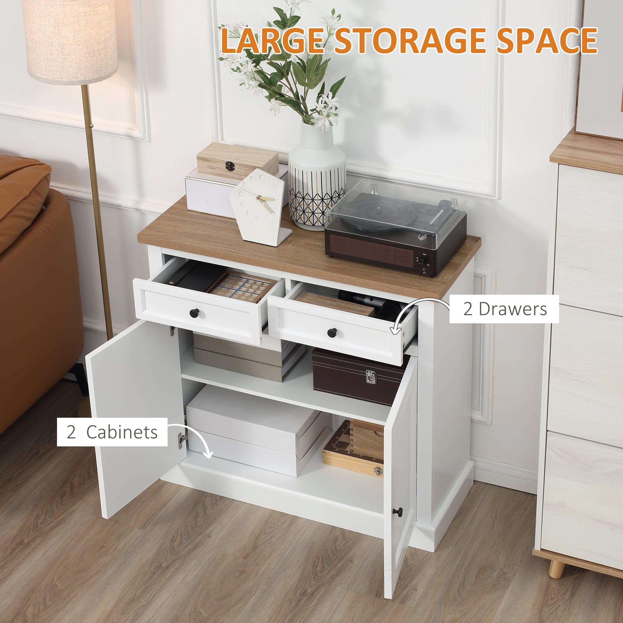 HOQBN Sideboard Buffet Cabinet, Coffee Bar Cabinet with 2 Drawers and Double Door Cupboard for Kitchen, Living Room, Entryway, White