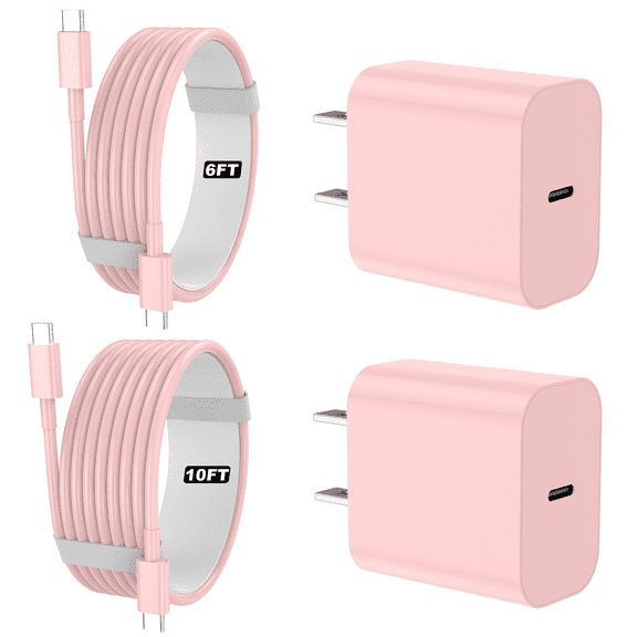 IPhone 17 16 15 Charger, 2 Pack PD 20W Adapter Wall Fast Charger with 6&10ft Pink USB C Cable Compatible with iPhone 17/16/15/iPad