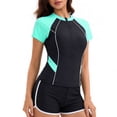thumbnail image 4 of Women's Rash Guard Swimsuit Two Piece Half Zip Short Sleeve Color Block Bathing Suit with Swim Shorts Tankini Swimwear Green L, 4 of 5