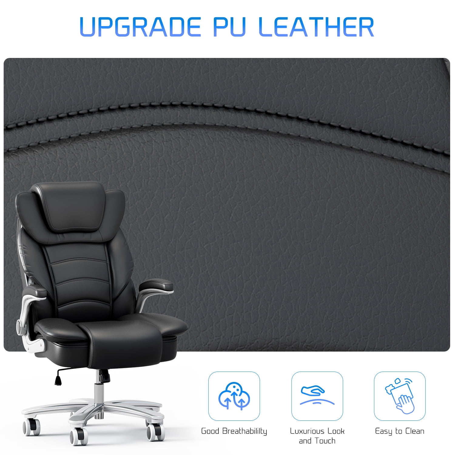 HomeZeer Big and Tall Office Chair 400lbs, High Back Leather Executive Office Chair with Adjustable Armrest, Modern Ergonomic Office Chair with Wide Seat and Lumbar Support, Black
