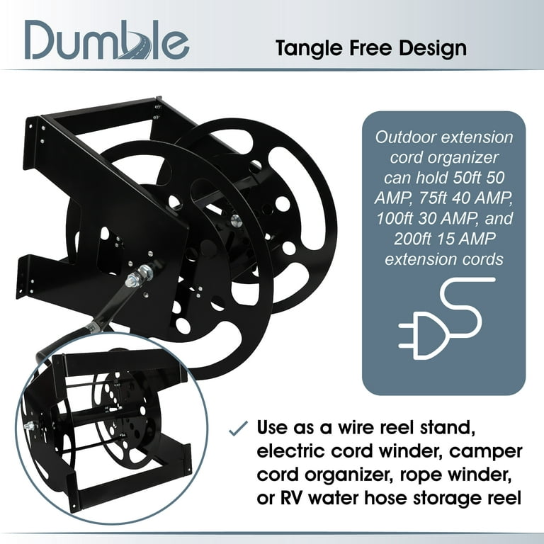 Dumble RV Extension Cord Reel Stand - 50-100ft Black Steel RV Electrical Cord Roll Up or Camper Hose Organizer Spool