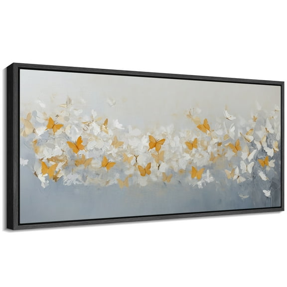 Large Framed Canvas Print Yellow & White Abstract Butterfly in Group Wall Art Decorative Ready to Hang Painting for Living room Bedroom - 60"x30" Black Frame
