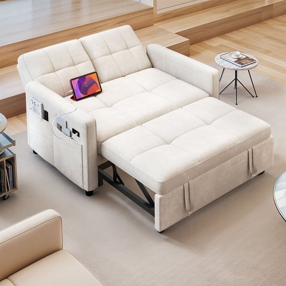 Uforic 3-in-1 Convertible Futon Sofa Bed, Modern Couch Cat-Scratch-Proof Loveseat Sleeper for Small Place, Beige