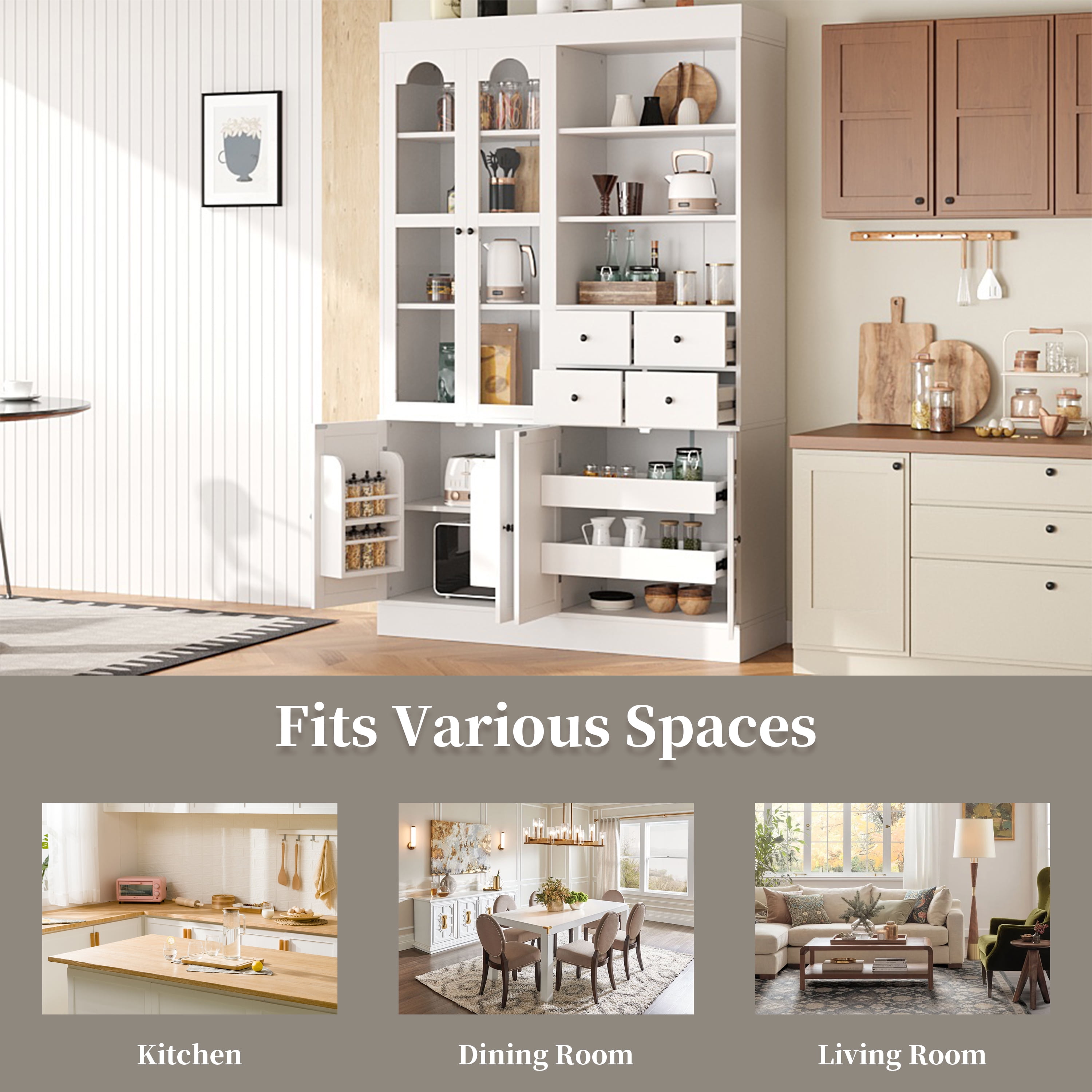 Euroco 47.2x15.7x75inch Freestanding Buffet with Hutch, Tall Kitchen Pantry Cabinet with 4 Drawers, Door Shelves and Pull-out Trays for Dining room, Living Room, White