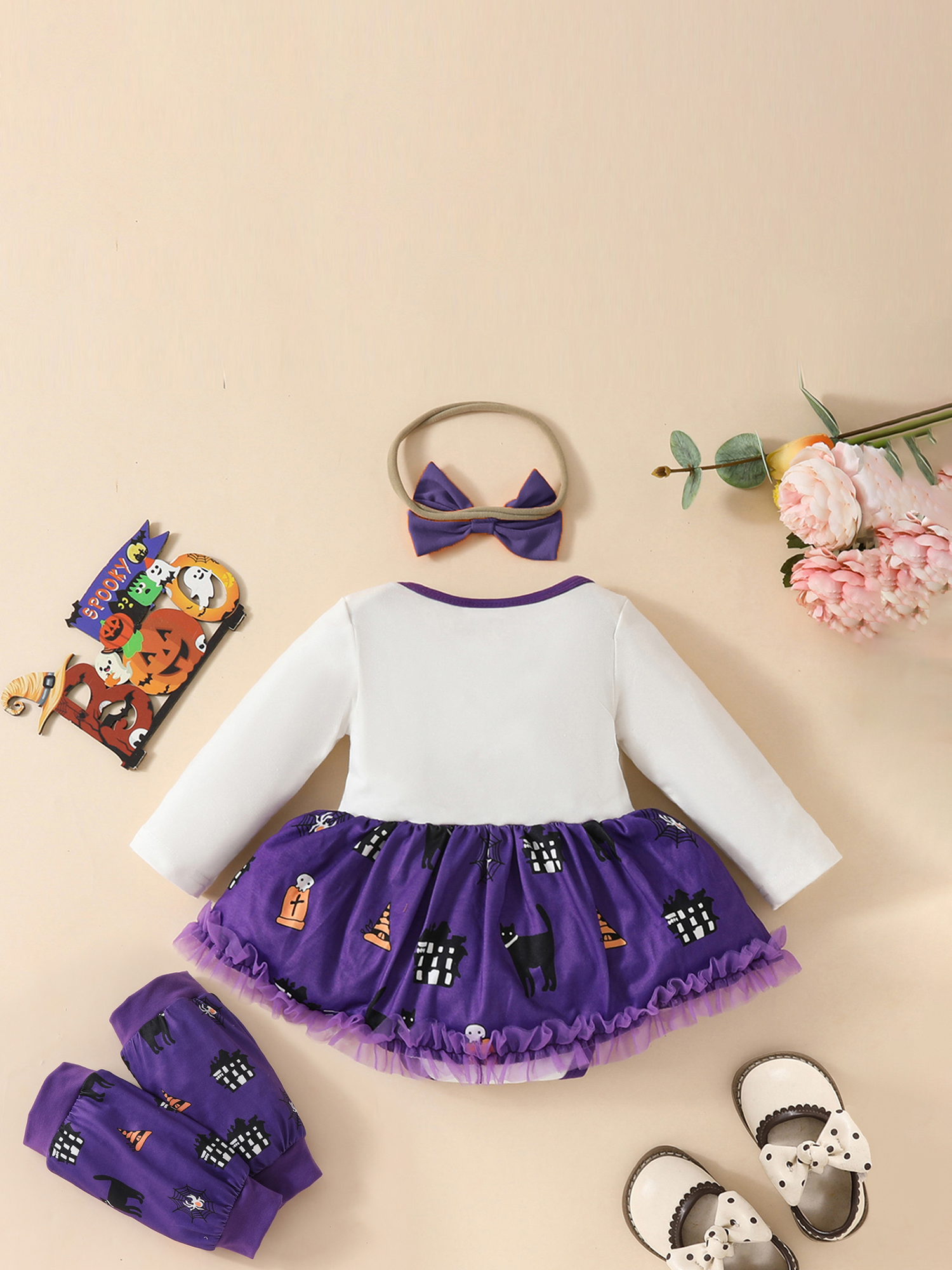Adorable Girls' Halloween Outfit Set – Long Sleeve Ghost Shirt & Ruffle Pants – Sizes 12mo, 18mo, 2T, 3T