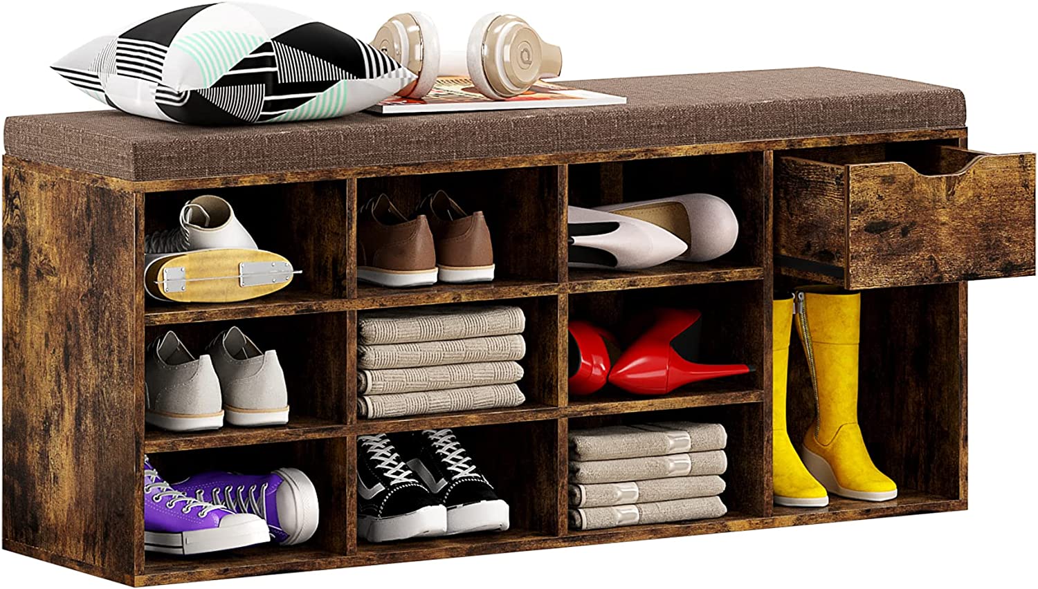 Shoe Bench with Drawer, Wooden Shoe Storage Bench, 10 Cube Shoe Rack Bench, Shoe Bench with