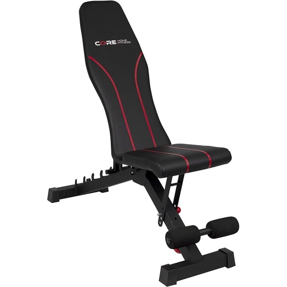 Adjustable  By Core Home Fitness, Foldable Weight , Incline/Decline/Flat , 7 Back Adjustments, Adjustable Seat, Black/Red (51MAB)