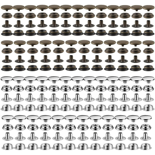 Snap Fastener Kit Snap Button kit Stainless Snaps Buttons (Silver+Bronze) 200 Pieces (50Sets) 5/