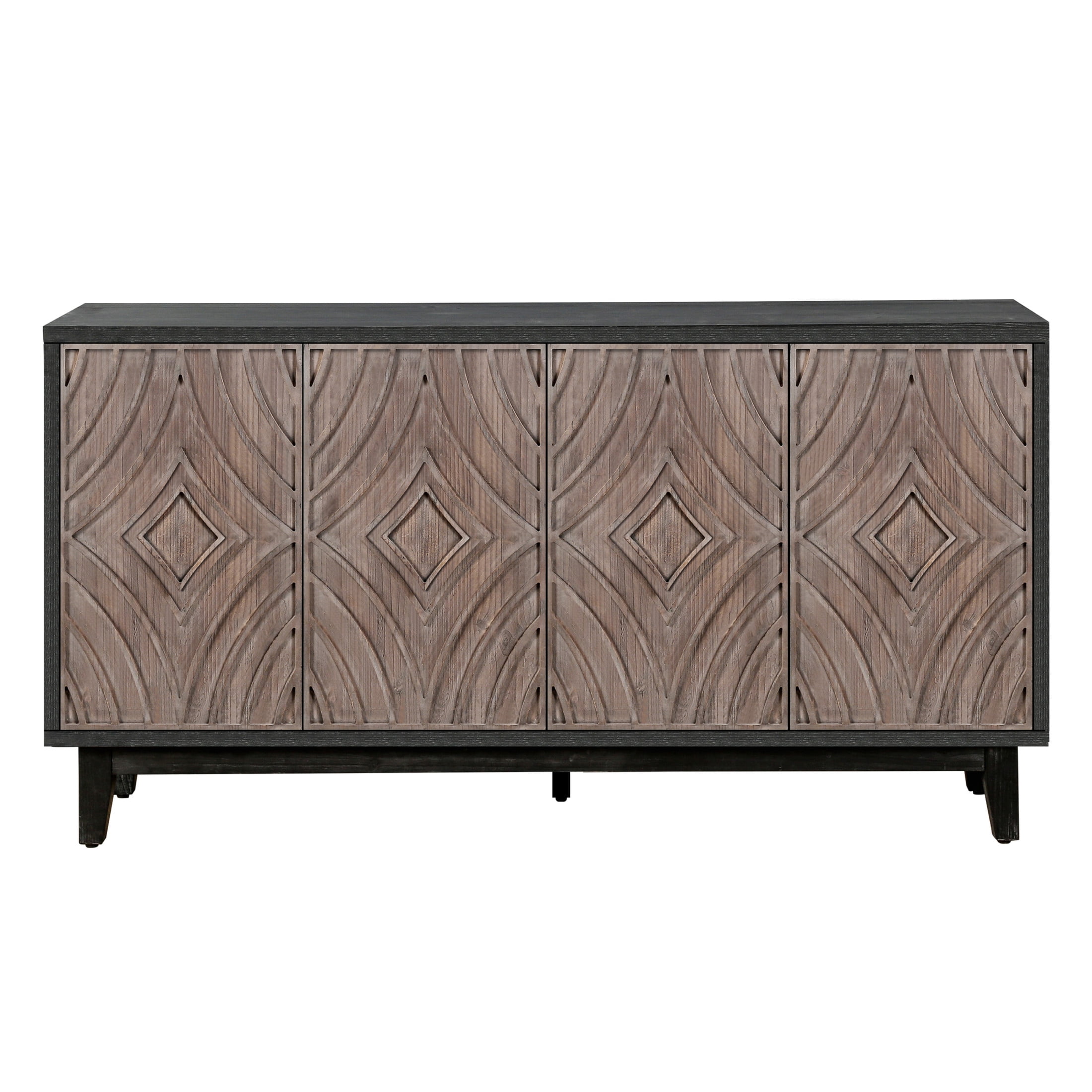 Noble House Mid-Century Buffet Sideboard, 4-Door Diamond Pattern Credenza with Solid Wood Legs and Storage Shelves, Antique Brown