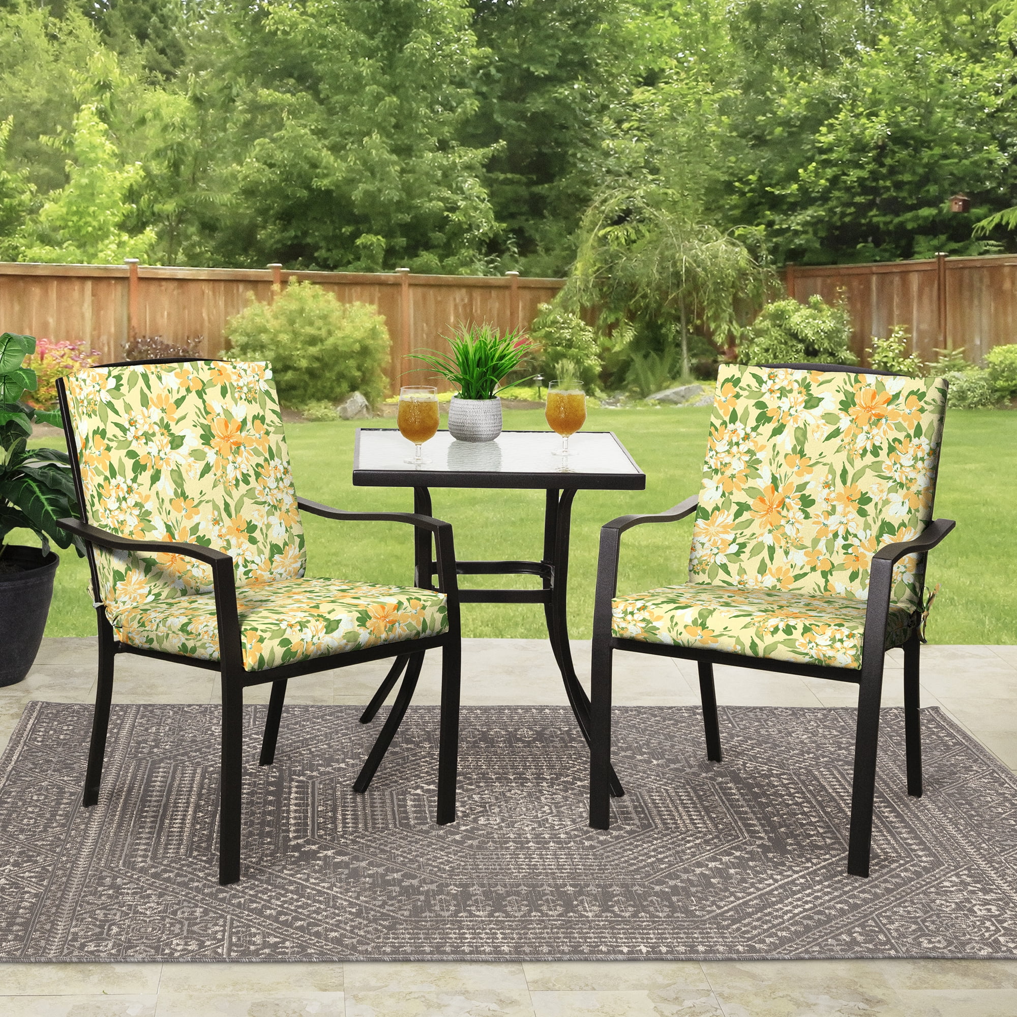 Mainstays 37 in x 19.5 in Yellow Floral 1-Piece Rectangle Outdoor Dining Chair Cushion