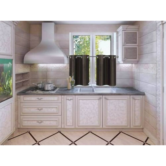 1SET D2 BROWN  Solid Linen  Grommet Treatment Traditional  Curtains for Short Windows, Livingroom, Bathroom, Kitchen, Nursery  Two (2) Piece Faux Silk Blackout Tier Panels 30" Wide x 24" Length Each