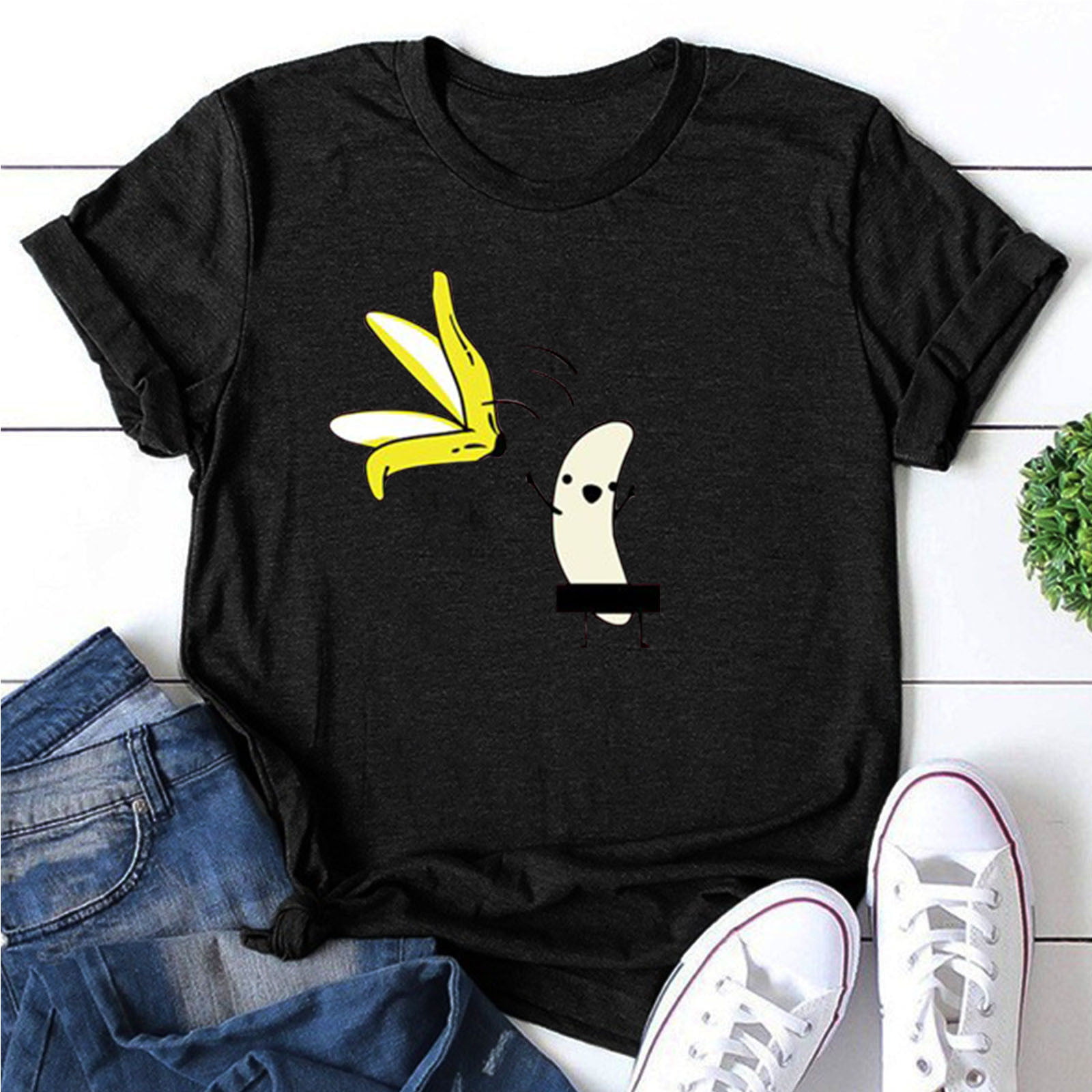 Shpwfbe Casual O-Neck Cute Fruit Print Short Sleeve T-Shirt Blouse Womens  Tops 