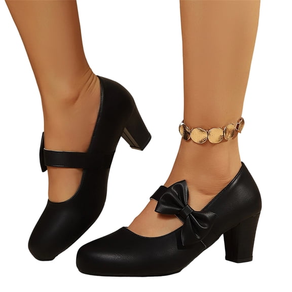 Mary Jane Shoes for Women, Bow Decor Comfy Elegant Chunky High Heel Pumps, Round Toe Vintage Instep Strap Fall Dress Shoes for Women