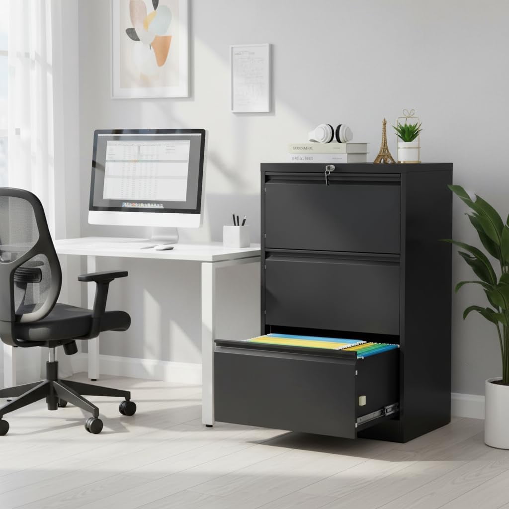 3 Drawer Lateral File Cabinet with Lock, Heavy Duty Metal Filing Cabinet for Home Office, Wide Lockable Drawers & Business Card Holder, Fits Legal/Letter/F4/A4 Hanging Files, Black File Cabinet