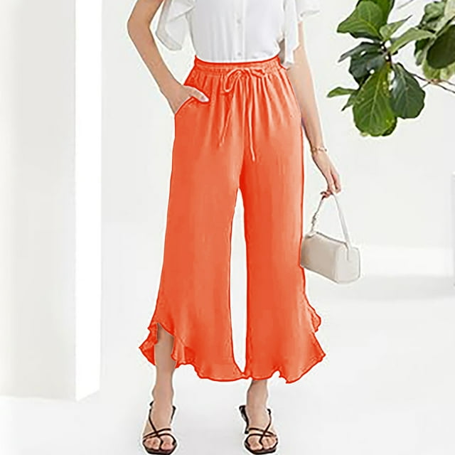 Under 10,Women's Casual Sports Pants, Solid Color Drawstring, Pocket Ruffle, Comfort Fit, Yoga/Workout, Breathable Material, Quick Dry, For All Sizes Everyday Essentials|100%Polyester,Orange