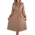 thumbnail image 2 of Women's Dress Long Sleeve Lapel Collar Solid Color Waist Defining Pleated Skirt Midi Dress for Spring Fall,Khaki,L, 2 of 8