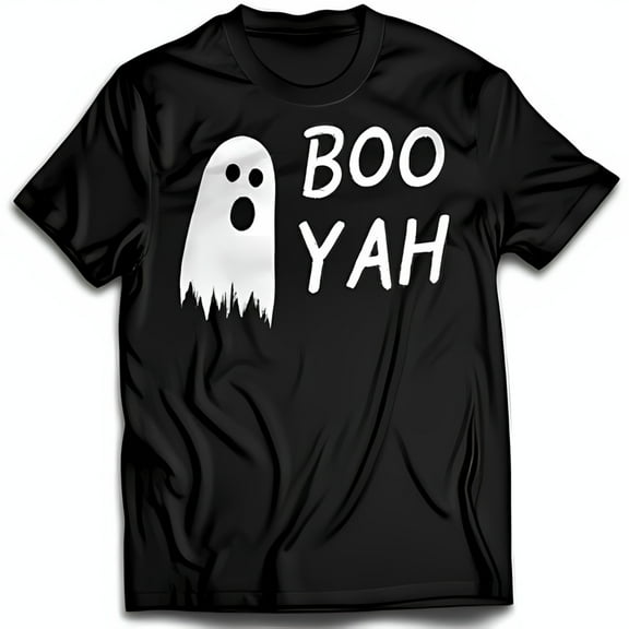 Funny Halloween Ghost T-Shirt Black Tee with BOO YAH Design & Playful Ghost Graphic