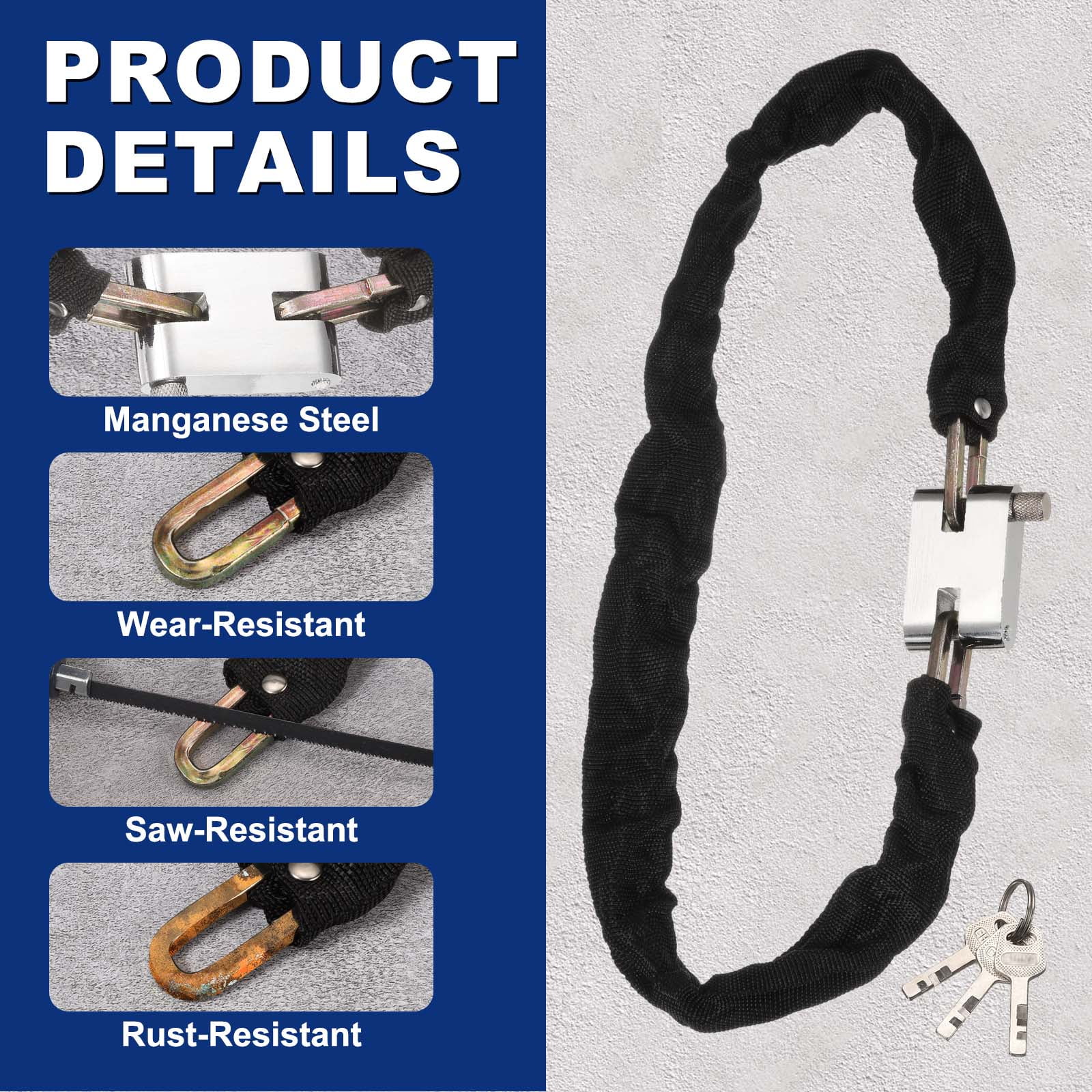 Uxcell Chain Lock, (2.6ft x 11/16", Silver) (1 Pcs), Thick Manganese Steel Anti-Theft Bike Chain Lock with 3 Keys, Suit for - Bikes/Trailers/Motorcycles/Garage Security