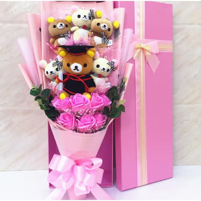 Graduate Teddy Bear Stuffed Animal Plush Toy Lover Rilakkuma With graduation Flower Bouquet Gift Box Birthday Graduation Gifts