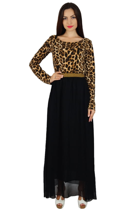 Womens Long Sleeve Maxi Dress with Pockets Animal Print Boho Chic Dresses