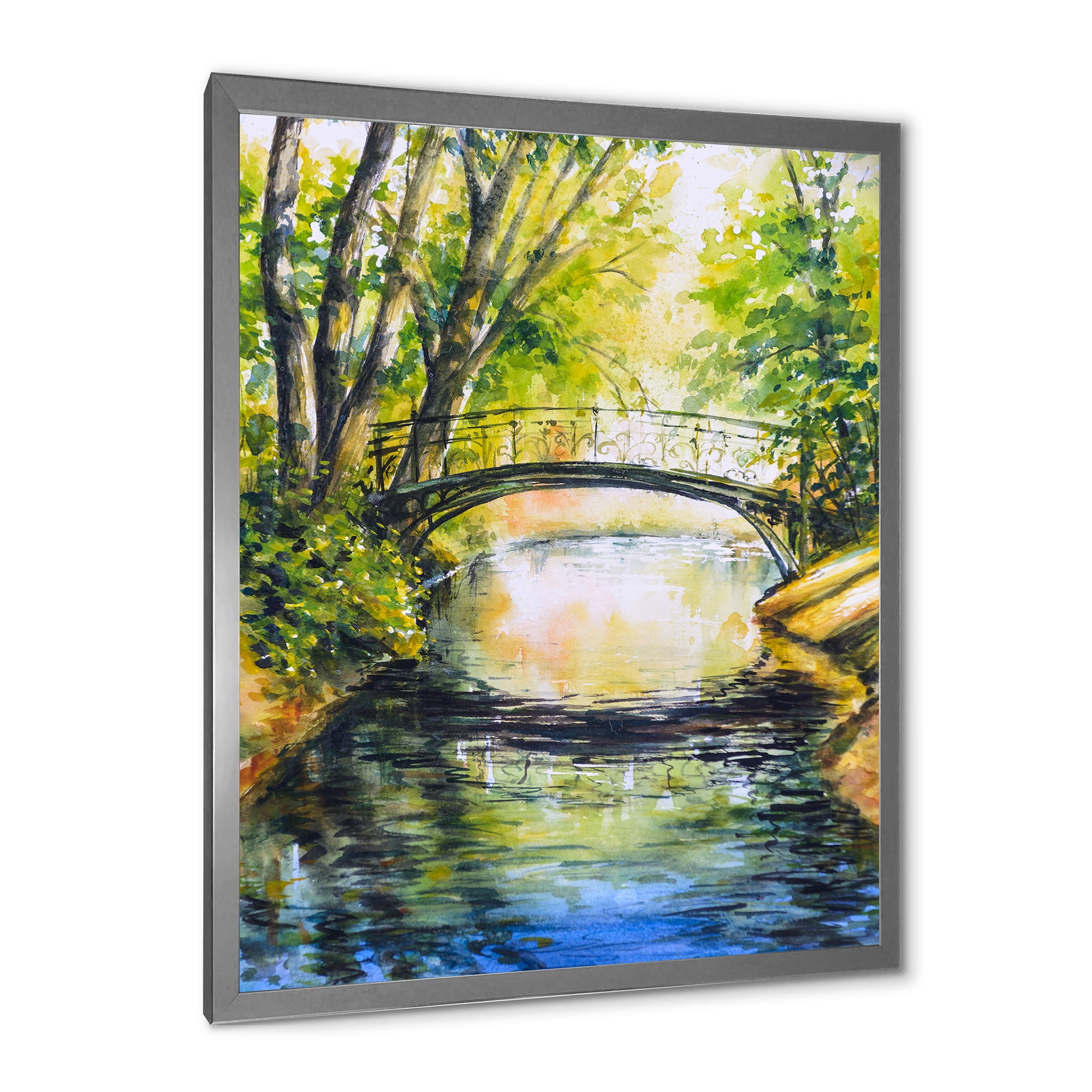 Designart 'Forest Park With Bridge Over Troubled Water' Lake House Framed Art Print