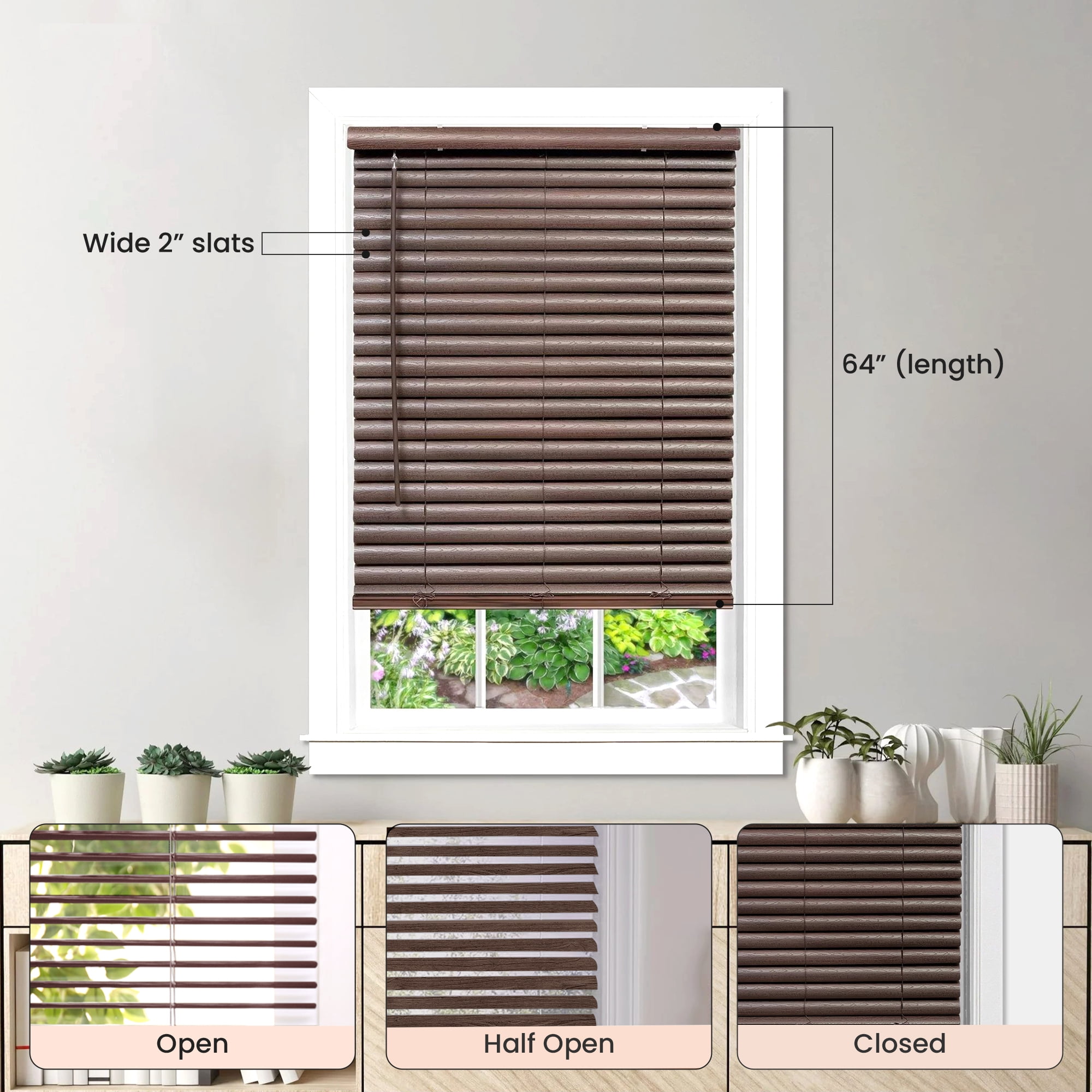 PowerSellerUSA Cordless Window Blinds, 2" Slats Vinyl Mini Blind, Premium Embossed Woodgrain, Anti-UV Window Treatment, Mahogany, 30" Width x 64" Length, (Fits windows 23" - 64")