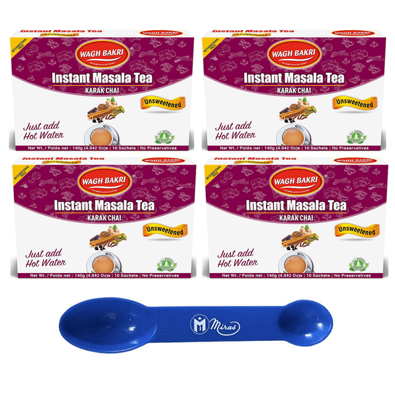 (Pack of 4) - Wagh Bakri Instant Unsweetened Masala Chai - 140 Gm (4.94 Oz) (2in1) Miras Trademark Measuring Spoon Included)