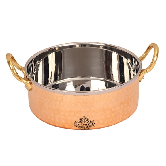 Indian Art Villa Handcrafted Steel Copper Hammered Serving Bowl with Handle, Brown and Silver, Tableware - 20 oz