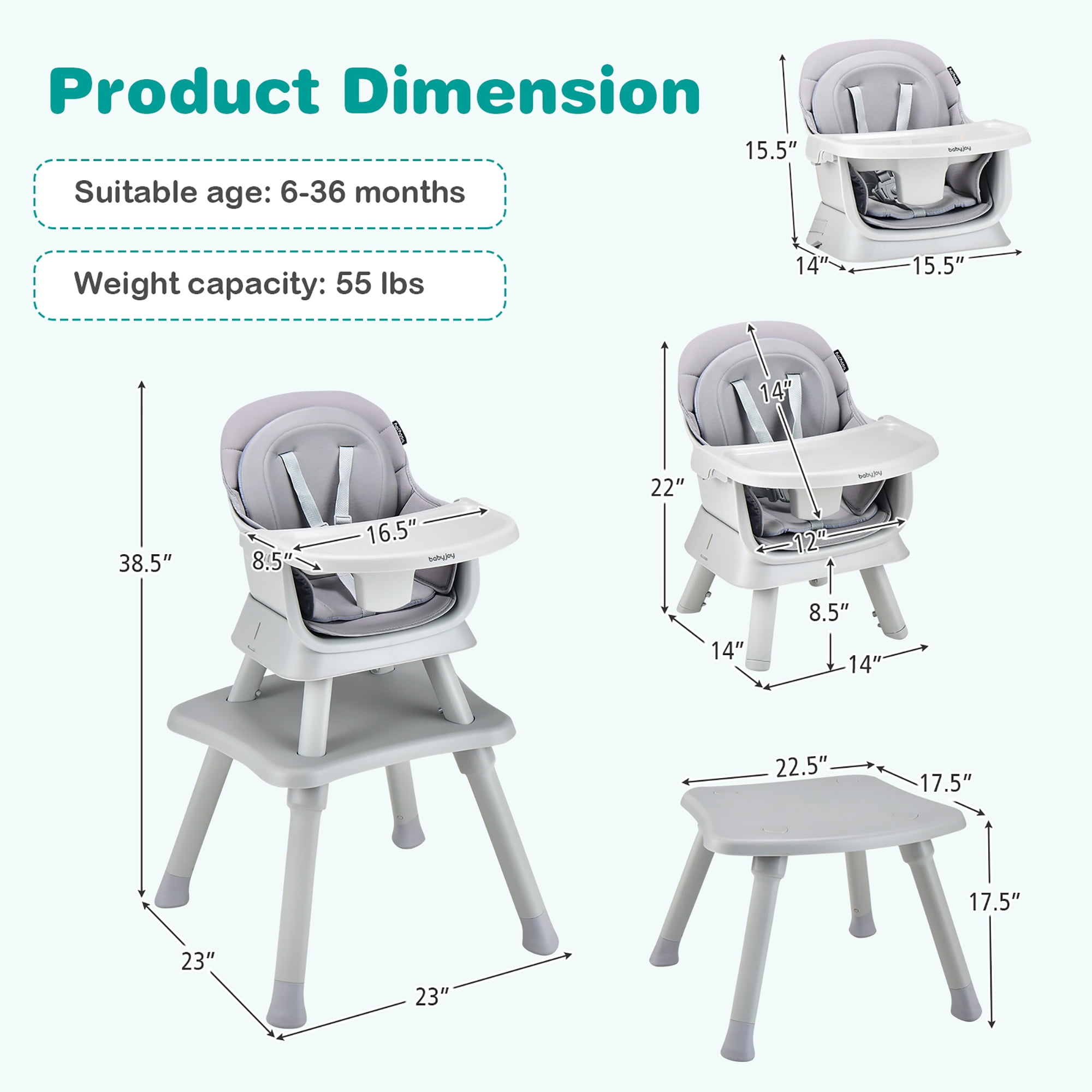 Costway  8-in-1 Baby High Chair Convertible Dining Booster Seat w/ Removable Tray Gray