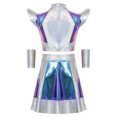 thumbnail image 5 of iiniim Girls 3 Pieces Halloween Alien Cosplay Outer Space Outfit Cap Sleeve Glossy Color Block Top and Skirt with Oversleeves for Role Play Party Colorful 16, 5 of 7