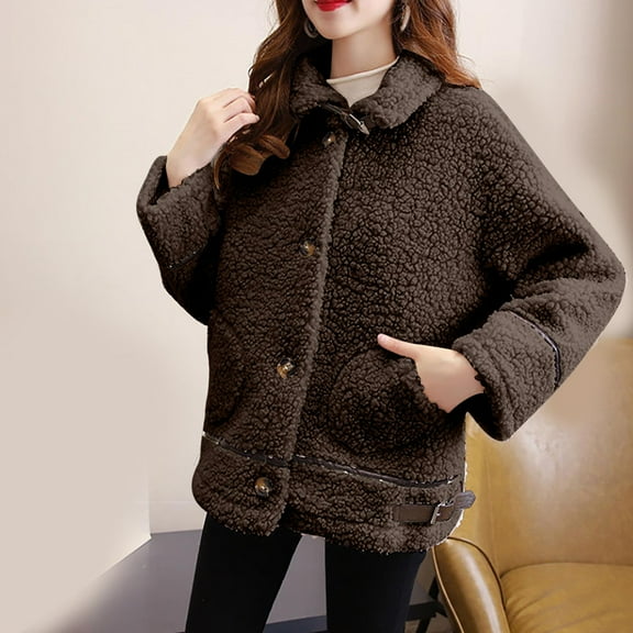 gbyLJF Women's Fleece Jacket Solid Color Button Down Laple Plush Coat Winter Thickened Warm Outwear Jacket with Pockets