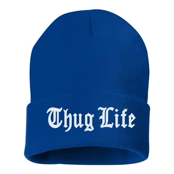 StickerDad® Thug Life Cuffed Embroidered Beanie Hat (Color: Royal w/White Thread) Embroidered, Winter Cuffed Beanie