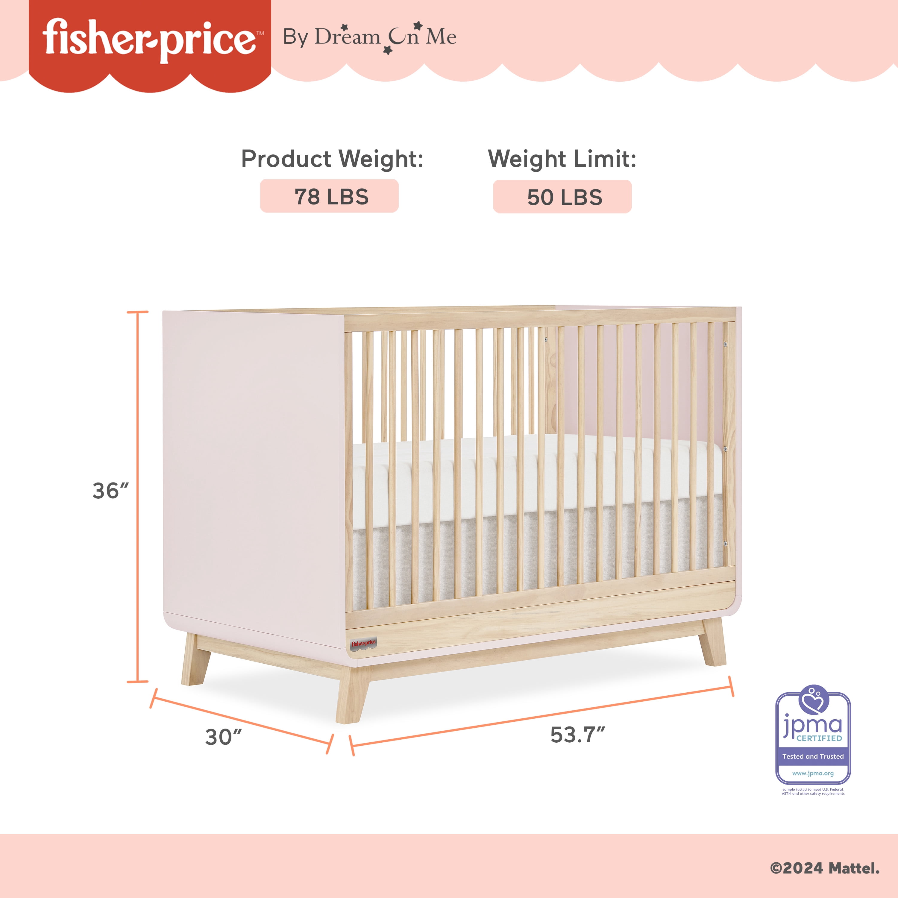 Fisher Price Siesta 3-in-1 Convertible Crib by Dream On Me, Blush Pink