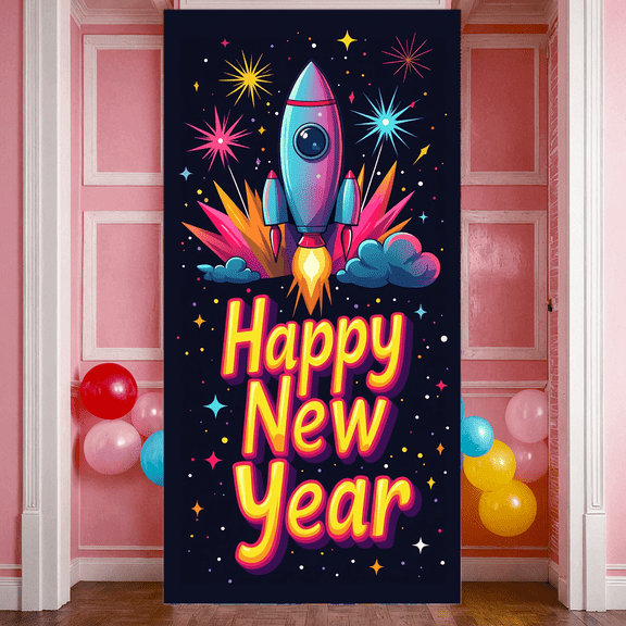 Colorful Space Rocket New Year Celebration Banner for Holiday Party Festive Event Indoor Decoration