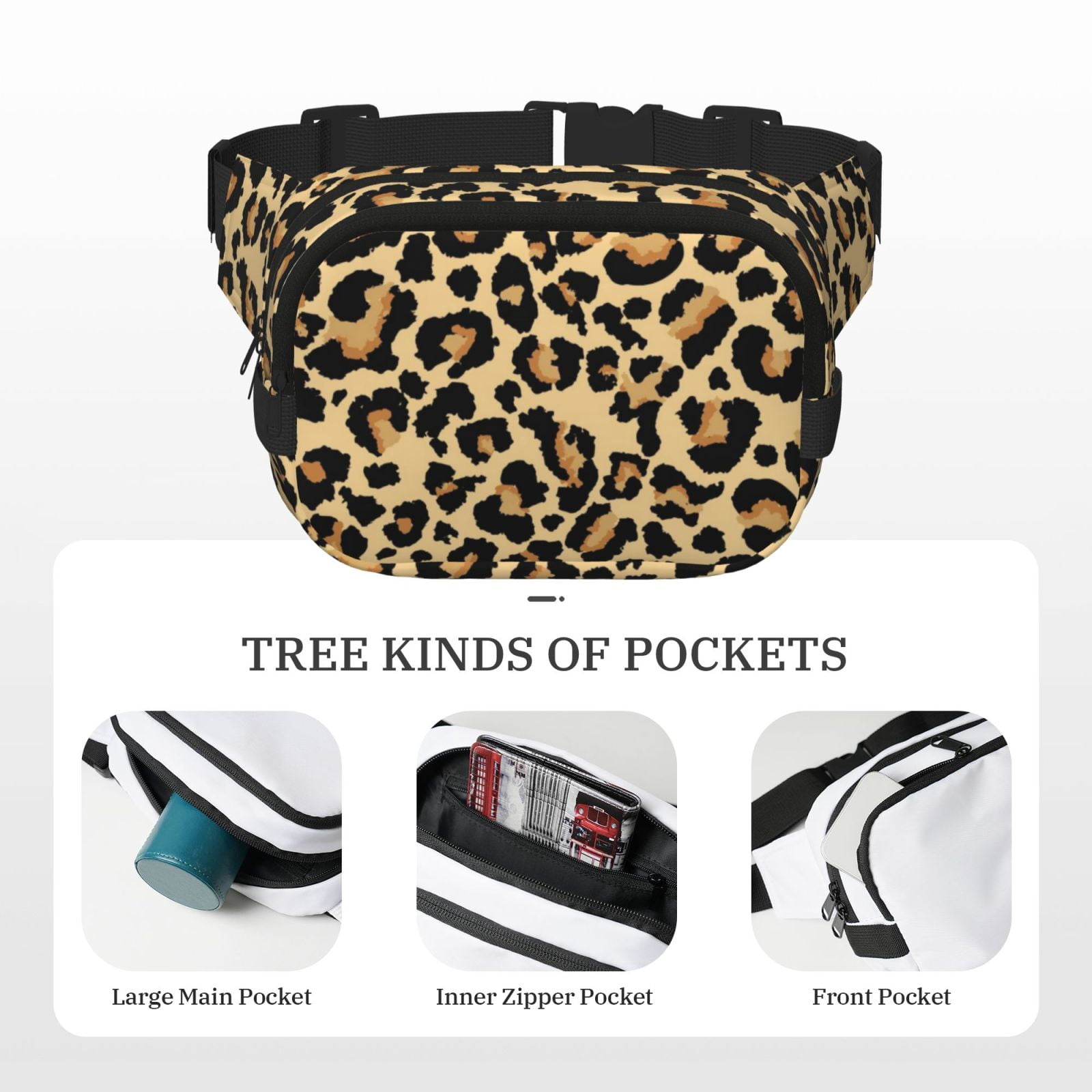 Kdxio Leopard Print Crossbody Double Layer Waist Bag Belt Bag for Unisex Fanny Pack Fashion Waist Packs for Hiking Running Shopping Traveling