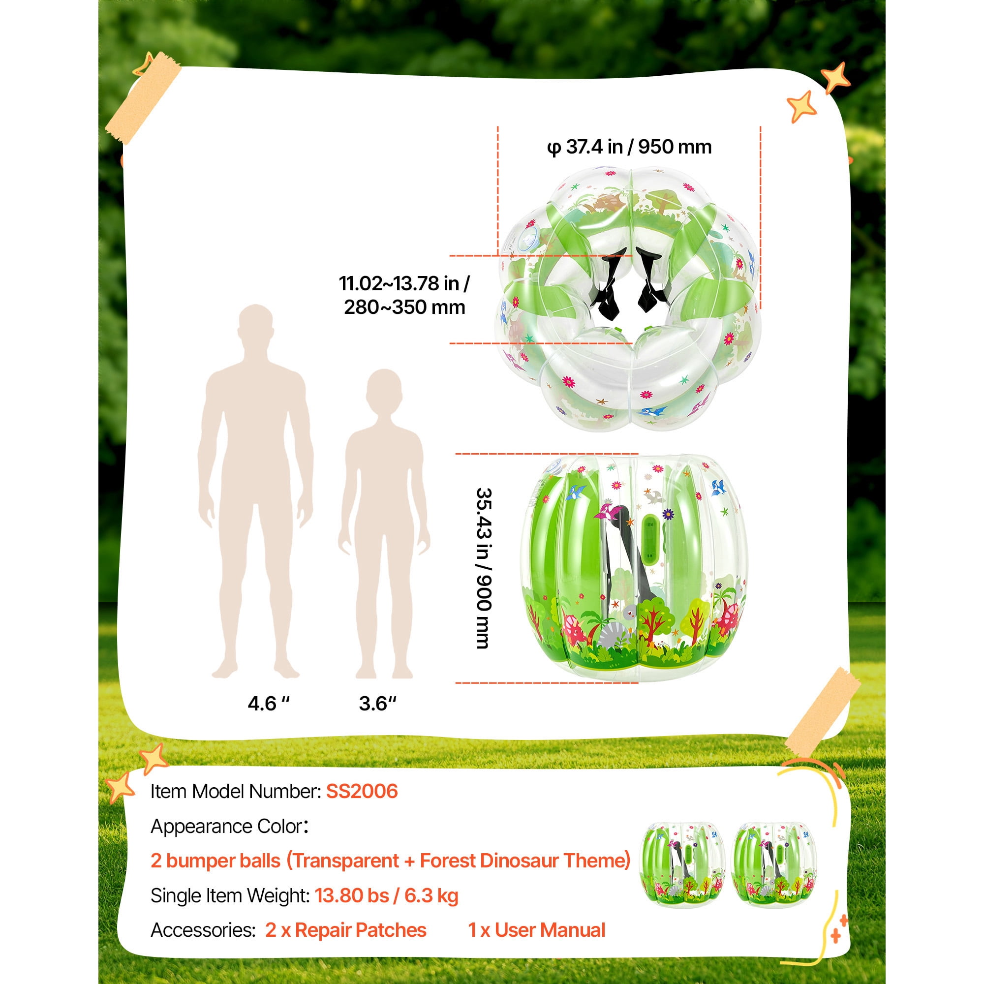 KFFKFF 2-Pack Inflatable Bumper Balls 3FT Human Bubble for Kids Transparent, Ideal for Backyard, Camping, Park, Lawn, and Outdoor Team Activities, Durable PVC Material, Sumo Hamster Ball with Handle